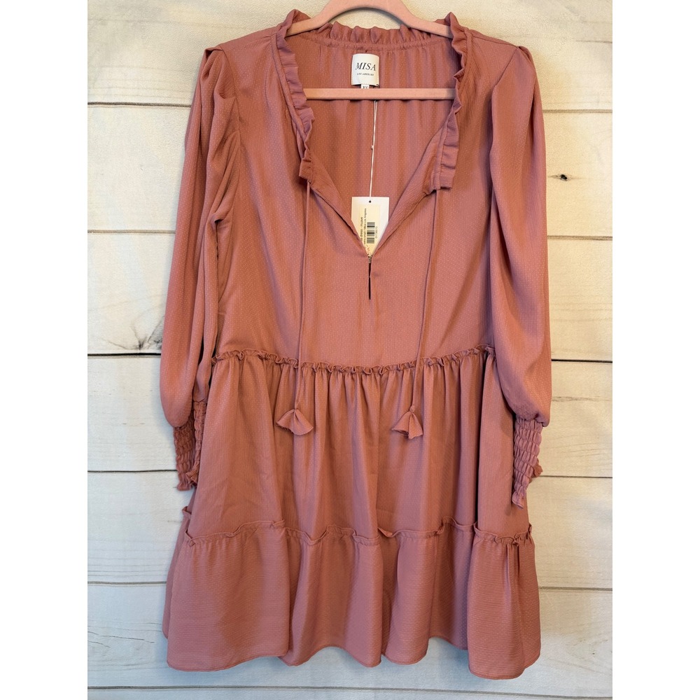 MISA Los Angeles Marisa Dress Mauve Pink Clip Dot Tiered Boho Mini XS NEW